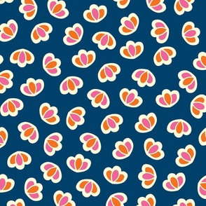 Simple Allover Buttercup Motif in Pink and Orange on Blue background