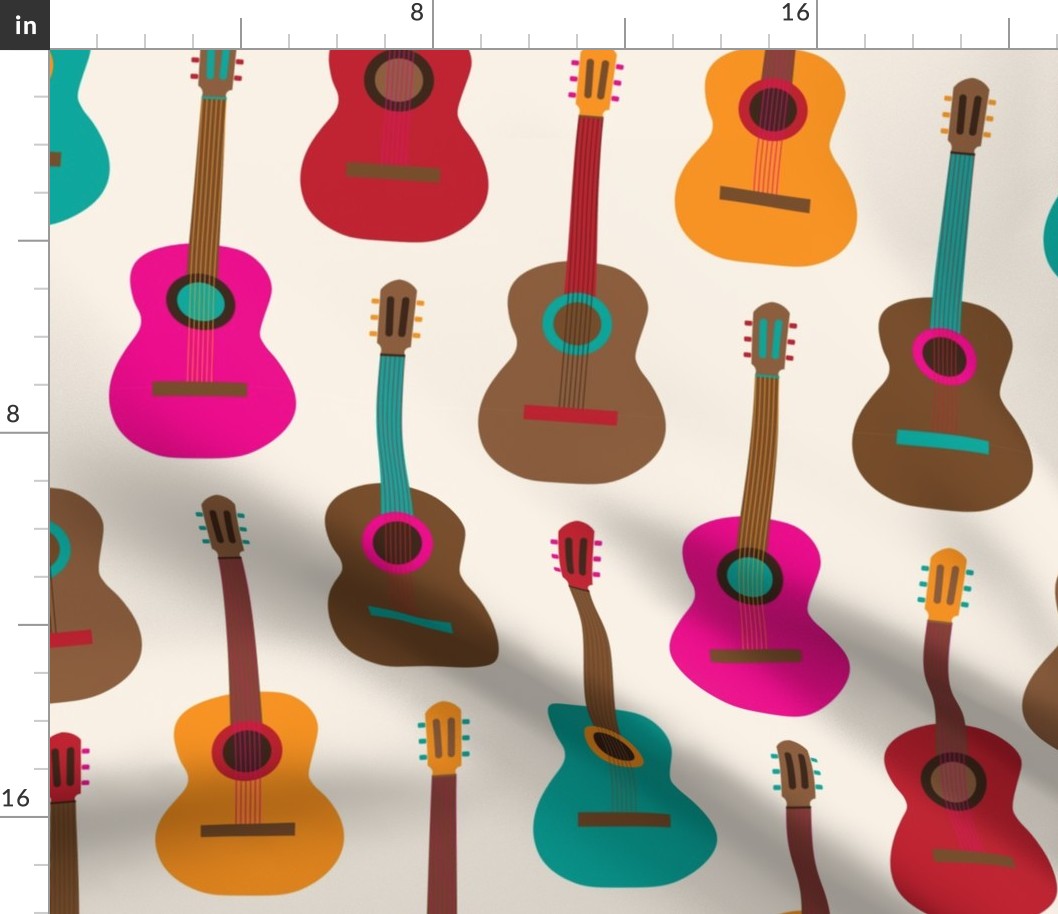 269 - Jumbo large scale Mexican Guitar brown yellow turquoise pink classical acoustic musician, for home decor, music teacher gifts, music lover, upholstery, tote bags, quilts, kids apparel, instrument case, player, 