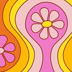 Groovy 60s Flower Pattern - Pink Orange Yellow (Large Scale)