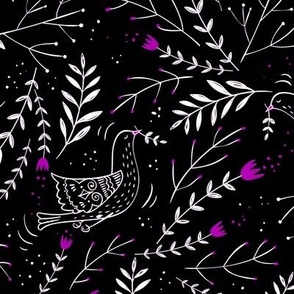 Scandinavian Peace Doves in Fuchsia and White on Black