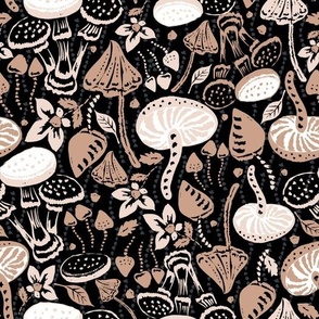 Magic mushrooms black brown beige rustic retro woodland mushrooms by Jac Slade