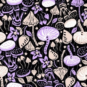 Magic mushrooms Rustic retro forest mushrooms black purple beige by Jac Slade