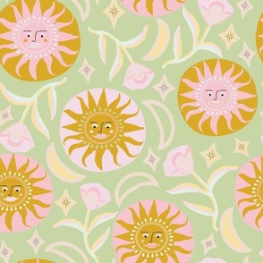 Quirky Sun, Moons, stars & Florals in Candy Pink, brown Pink, Yellow on Minty Green