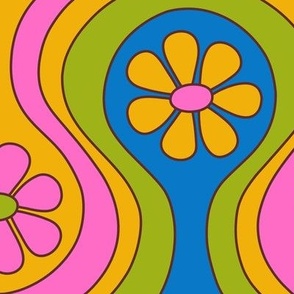 Groovy 60s Flower Pattern - Playful Bright Color Palette (Large Scale)