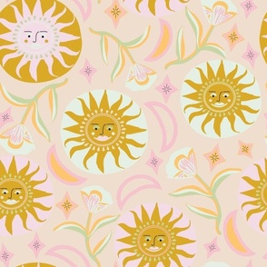 Quirky Sun, Moons, stars & Florals in Brown, Minty green, pink and Apricot