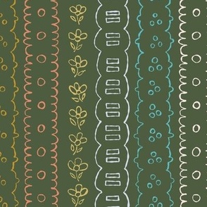 Jumbo/large scale faux Passementarie broderie anglaise ribbons with eyelets for sweet bed linen, table cloths, kids apparel, baby clothes, regency style pastoral clothes in orange, blue, yellow, red on forest green