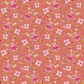 Watercolor rose pink, multi directional, coral pink fabric, ditsy, floral mini print, bees