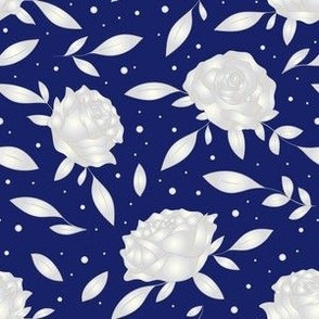 Shimmering Roses in White on Cobalt Blue