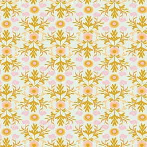Decorative Victorian Orange and Pink Florals with Mustard Foliage