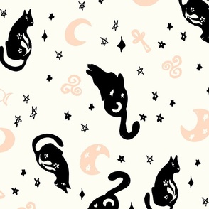 Magic cats stars and moons ivory black peach pink Jumbo  Scale by Jac Slade