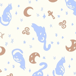 Magic cats stars and moons ivory blue brown Jumbo  Scale by Jac Slade