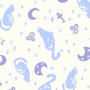 Magic cats stars and moons ivory blue purple Jumbo  Scale by Jac Slade