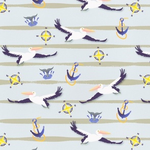 Nautical periwinkle soft blue seaside stripe with whales, compass, anchor and pelican. 