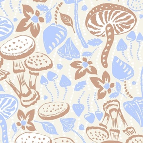 Magic mushrooms Rustic Retro Woodland Mushrooms beige brown blue by Jac Slade