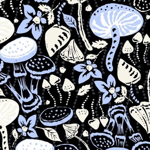 Dark Magic mushrooms Rustic Retro Woodland Mushrooms black blue beige by Jac Slade