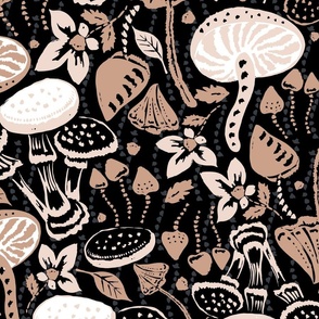 Magic mushrooms Rustic Retro Woodland Mushrooms black brown beige by Jac Slade