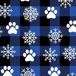 christmas buffalo plaid with snowflakes and dog paws blue , dog christmas fabric WB23