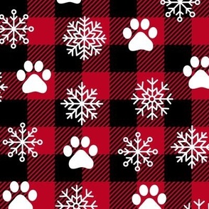 christmas buffalo plaid with snowflakes and dog paws red