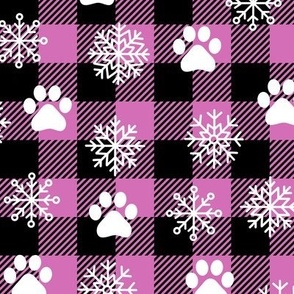 christmas buffalo plaid with snowflakes and dog paws pink