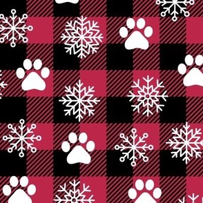 christmas buffalo plaid with snowflakes and dog paws viva magenta