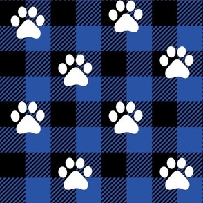 dog paws on buffalo plaid blue, dog paw print fabric