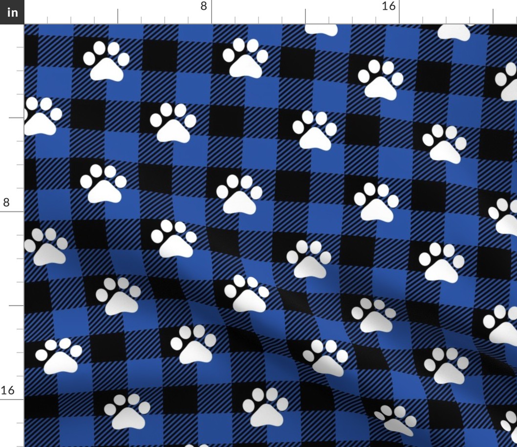 dog paws on buffalo plaid blue, dog paw print fabric