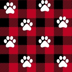 dog paws on buffalo plaid red, dog paw print fabric