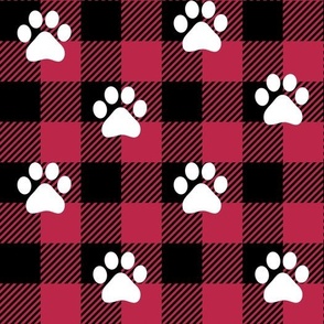 dog paws on buffalo plaid viva magenta, dog paw print fabric