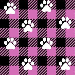 dog paws on buffalo plaid pink, dog paw print fabric