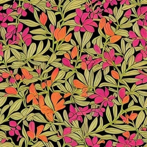Ditsy Green Leaves with Pink and Orange Flowers