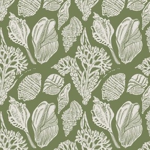 coastal sea shells and coral block print  in olive green and ivory