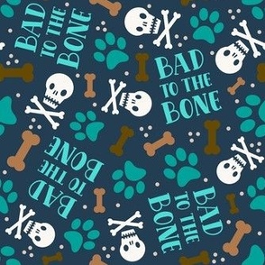 Medium Scale Bad To The Bone Dog Paw Prints and Skulls on Navy