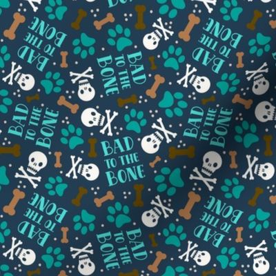 Small-Medium Scale Bad To The Bone Dog Paw Prints and Skulls on Navy