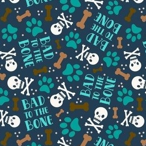 Small-Medium Scale Bad To The Bone Dog Paw Prints and Skulls on Navy