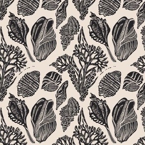 coastal shells and coral in black and ivory block print (small scale)