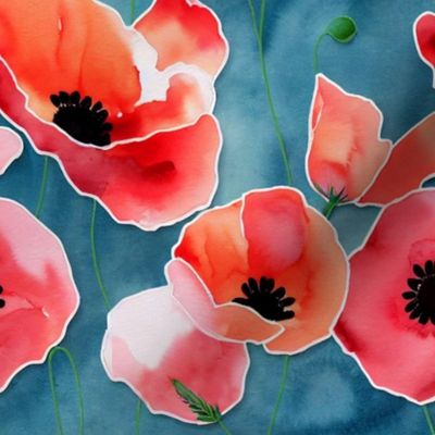 10"  Watercolor Red Abstract Painted Poppies Wildflowers Meadow on Blue 