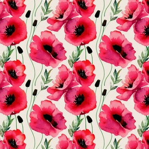 10"  Watercolor Red Abstract Painted Poppies Wildflowers Meadow on beige