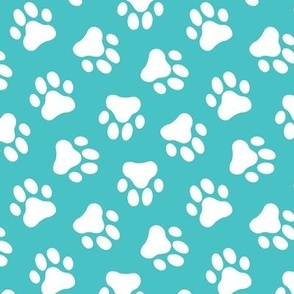 aqua , turquoise dog paw print fabric,pet fabric, dog fabric