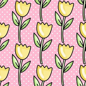 Large Scale Yellow Spring Tulip Flowers and Polkadots on Pink
