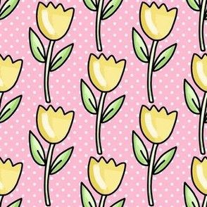 Medium Scale Yellow Spring Tulip Flowers and Polkadots on Pink