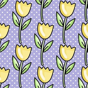 Large Scale Yellow Spring Tulip Flowers and Polkadots on Lavender