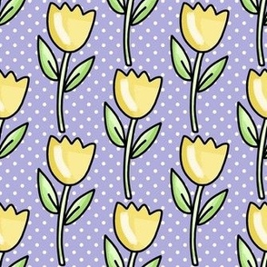 Medium Scale Yellow Spring Tulip Flowers and Polkadots on Lavender