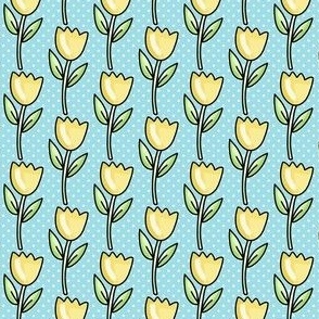 Small Scale Yellow Spring Tulip Flowers and Polkadots on Aqua Blue