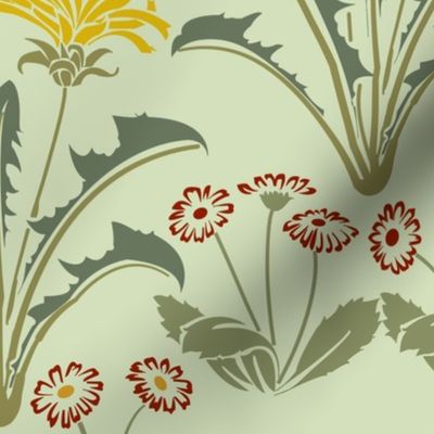 Voysey Dandelions and Daisies Art Nouveau Vintage on Light Green