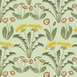 Voysey Dandelions and Daisies Art Nouveau Vintage on Light Green