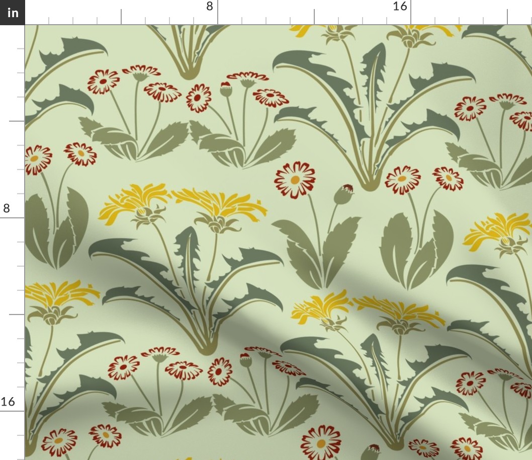Voysey Dandelions and Daisies Art Nouveau Vintage on Light Green