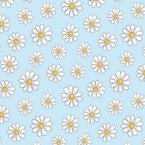 White Daisy Flowers with outline on light blue - small scale