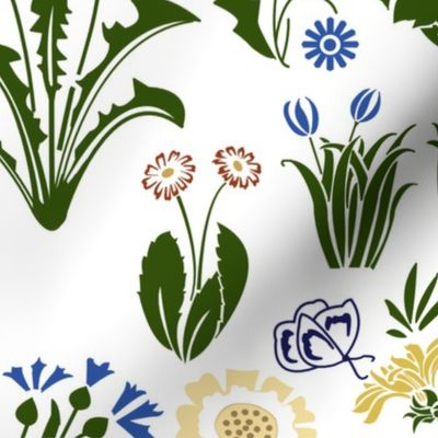 Voysey Tulips Butterflies Dandelions Daisies Arts and Crafts Art Nouveau on White