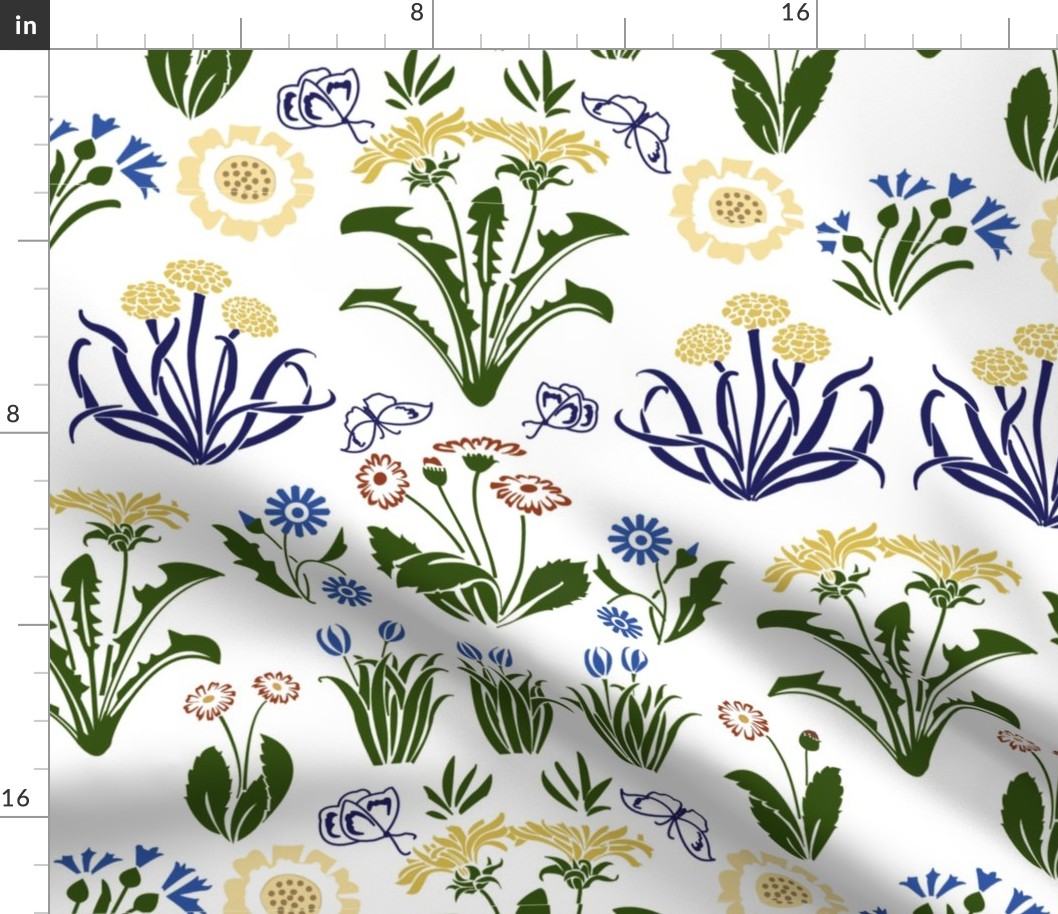 Voysey Tulips Butterflies Dandelions Daisies Arts and Crafts Art Nouveau on White