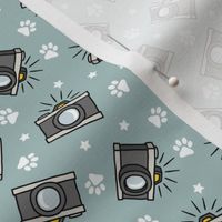 (small scale) Puparazzi - Cameras Stars and Paw Prints - dusty blue - LAD23